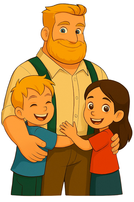Illustration of a bearded man hugging a smiling boy and girl