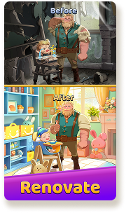 Follow the Story! - Two characters, a man and a woman, in a dramatic scene. 
                  Renovate - A before-and-after scene showing a room renovation, with a man and a child. 
                  Make Jewelry - An illustration of various gems and a jeweled tiara.
