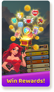 A stylized illustration of a red-haired woman
                with a red top, smiling and pointing toward the center
                 of the image. A glowing treasure chest is in the middle, 
                 with various items floating above it, including coins,
                  a heart with wings, a magnifying glass, and a hammer. 
                  In the background, there is a mountain landscape.
                   To the right of the woman, a menu-like interface is shown
                    with different rows and coin values.
                    A purple banner at the bottom says - Win Rewards!