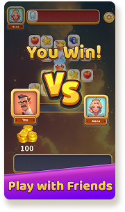  A stylized illustration showing a You Win! screen from a mobile game. 
              In the center, there is a large VS logo, with two characters on either side:
              one male character with glasses named Leo and another female character with a crown named Nana.
              Below Leo, a stack of gold coins is shown with the number 100. The background features a dark, cloudy sky. 
              A purple banner at the bottom says Play with Friends.